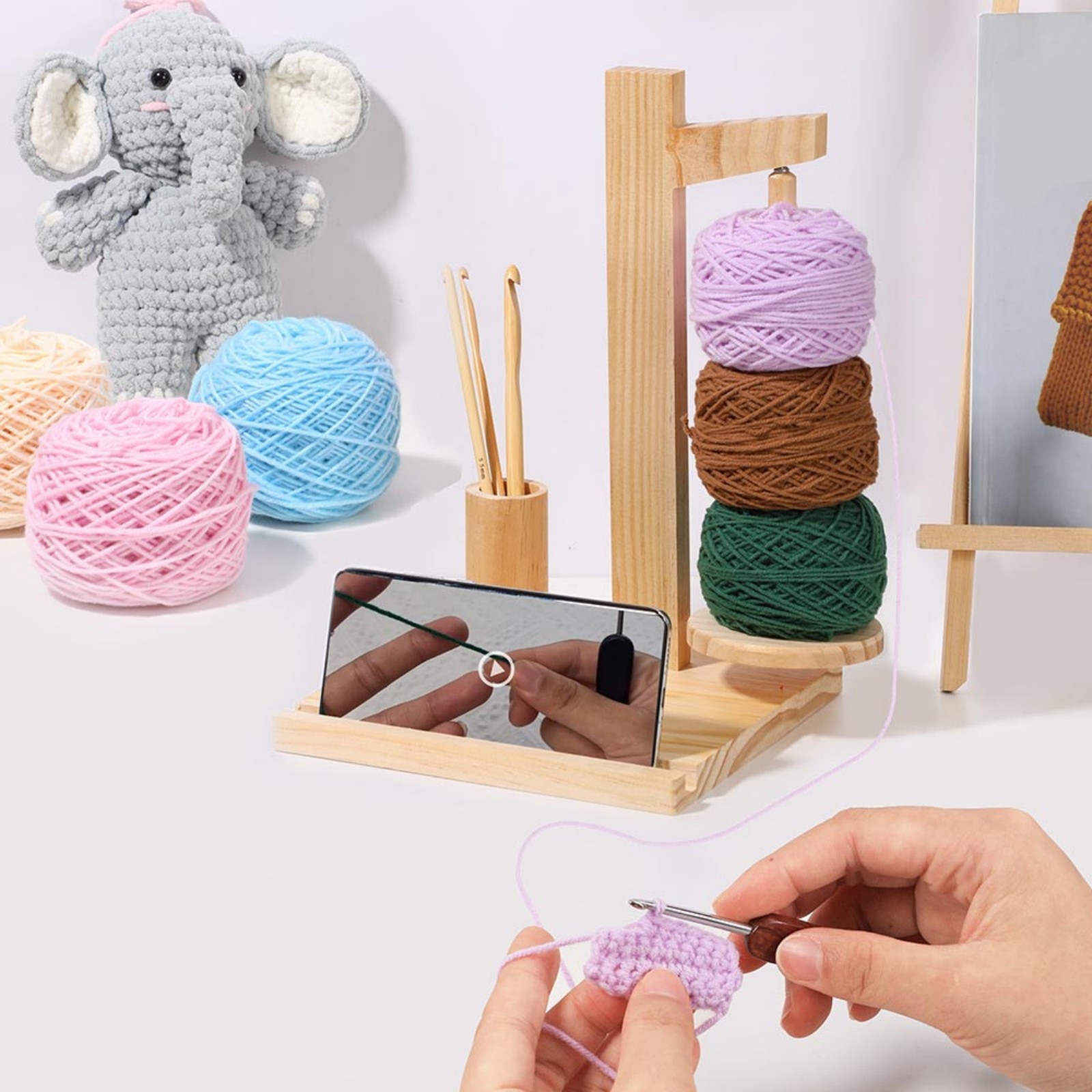 Summercome Crocheting Yarn Holder, Magnetic Wooden Yarn Holder with Phone Stand, Crocket Hook Storage Yarn Organizer, Knitting Spinner Holder, Spool Holder with Slots Gift for Knitting Lovers